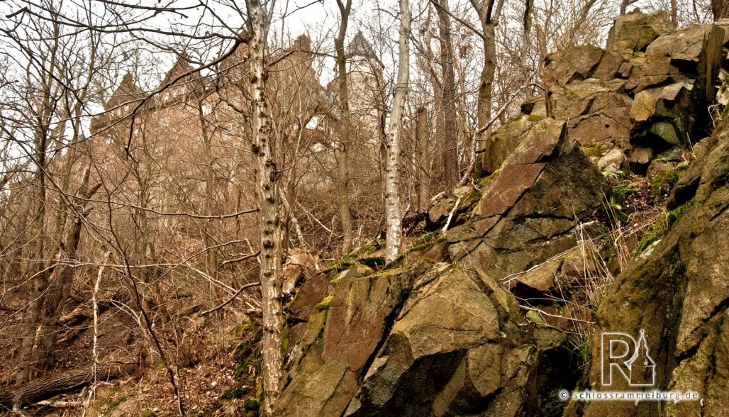 Gestein des Schlossberges mit Blick auf die SW-Seite der Rammelburg
